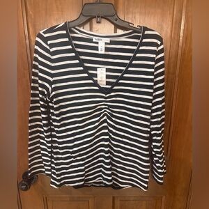 White House Black Market Black & White Striped V-Neck Ruched Long Sleeve Top
